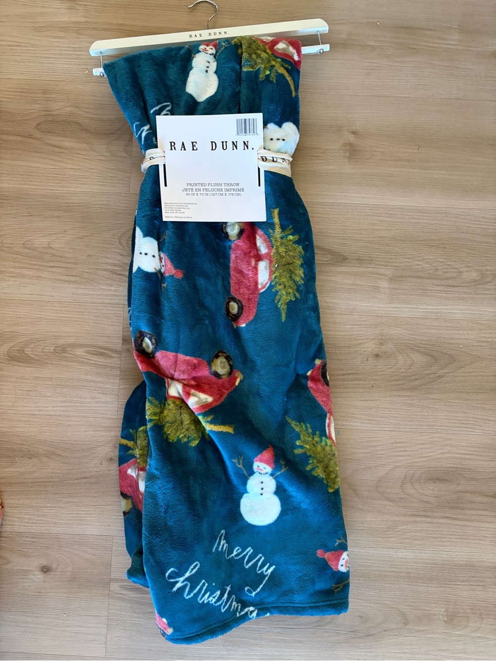 Rae Dunn Holiday Throw Blanket - Teal with Red Car & White Snowman Print